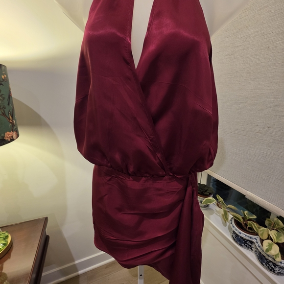 HALARA Wine Satin Halter Wrap Mini Dress - Picture 9 of 10